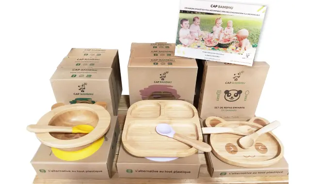 matériaux biosourcés, assiette creuse en bois, fourchette en bambou, cuillère en bambou, couvert bebe à Nort sur Erdre